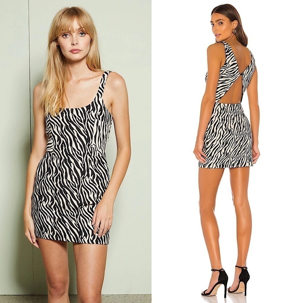 BEC BRIDGE 90s Zebra Stripe Square Neck Sleeveless Cutout Open Back Mini Dress 6